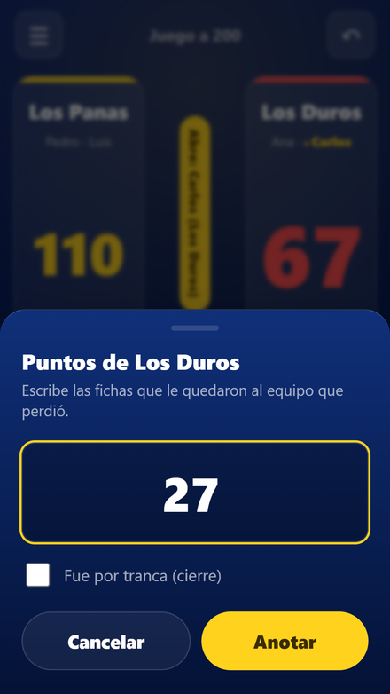 Entering the points for a hand